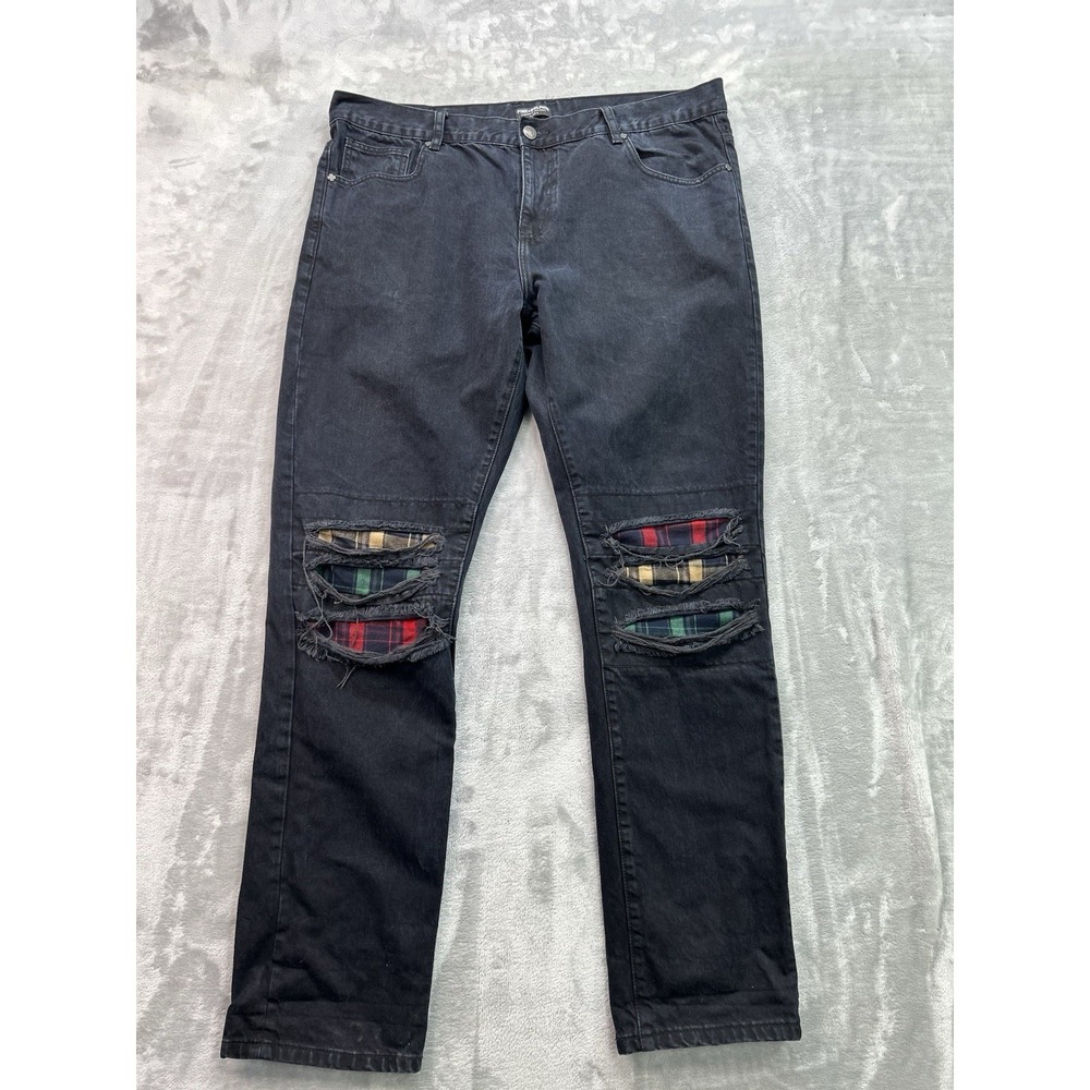 Pink Dolphin Jean Mens Sz 40x36 Black Straight Distressed Flannel Patch Grunge